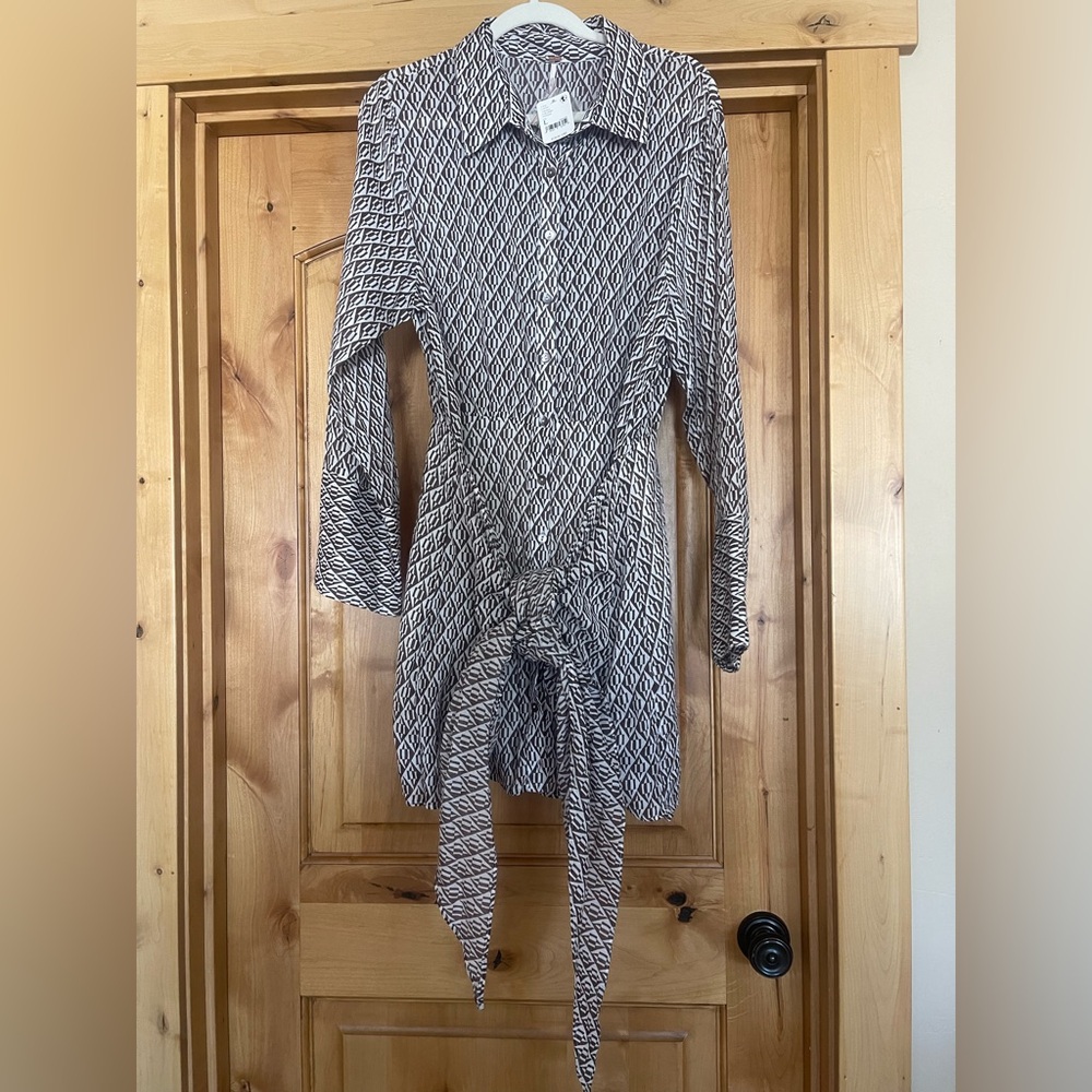 Free People Geometric Brown and White Button Down Dress